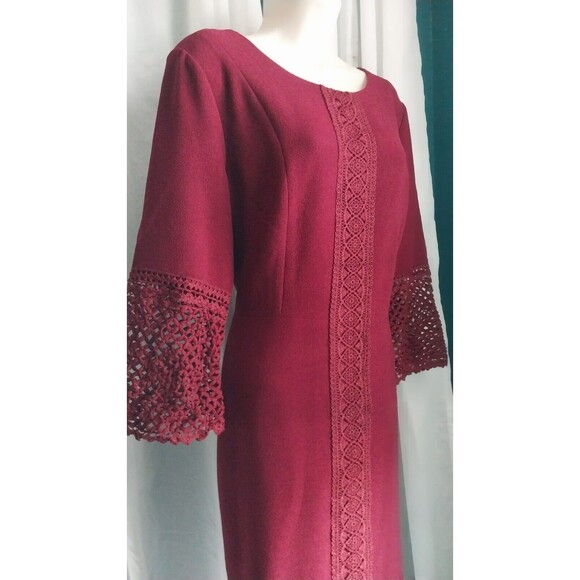 NWT Karl Lagerfeld Lace Embroidered Dres 10 Burgundy Knee Length 3/4 Sleeve - Picture 1 of 7